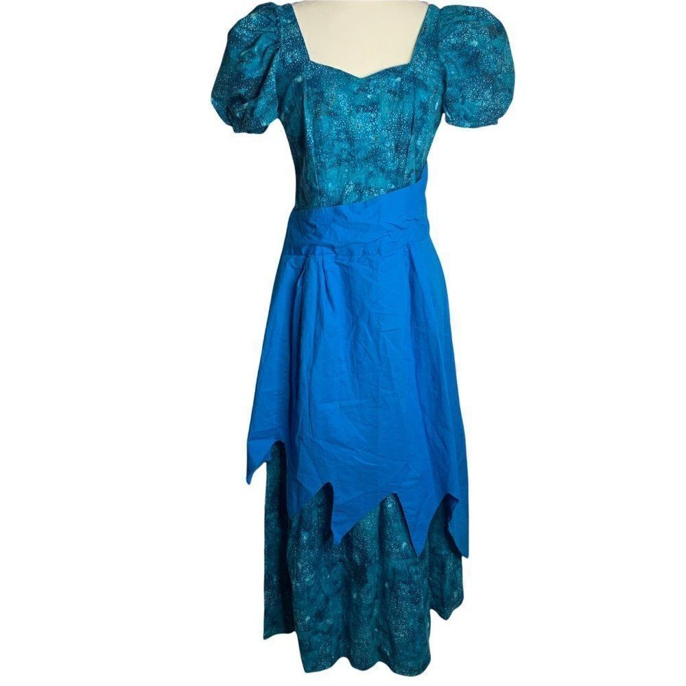 Vintage Handmade Maxi Apron Dress M Blue Galaxy Sweetheart Puff Sleeve Zipper